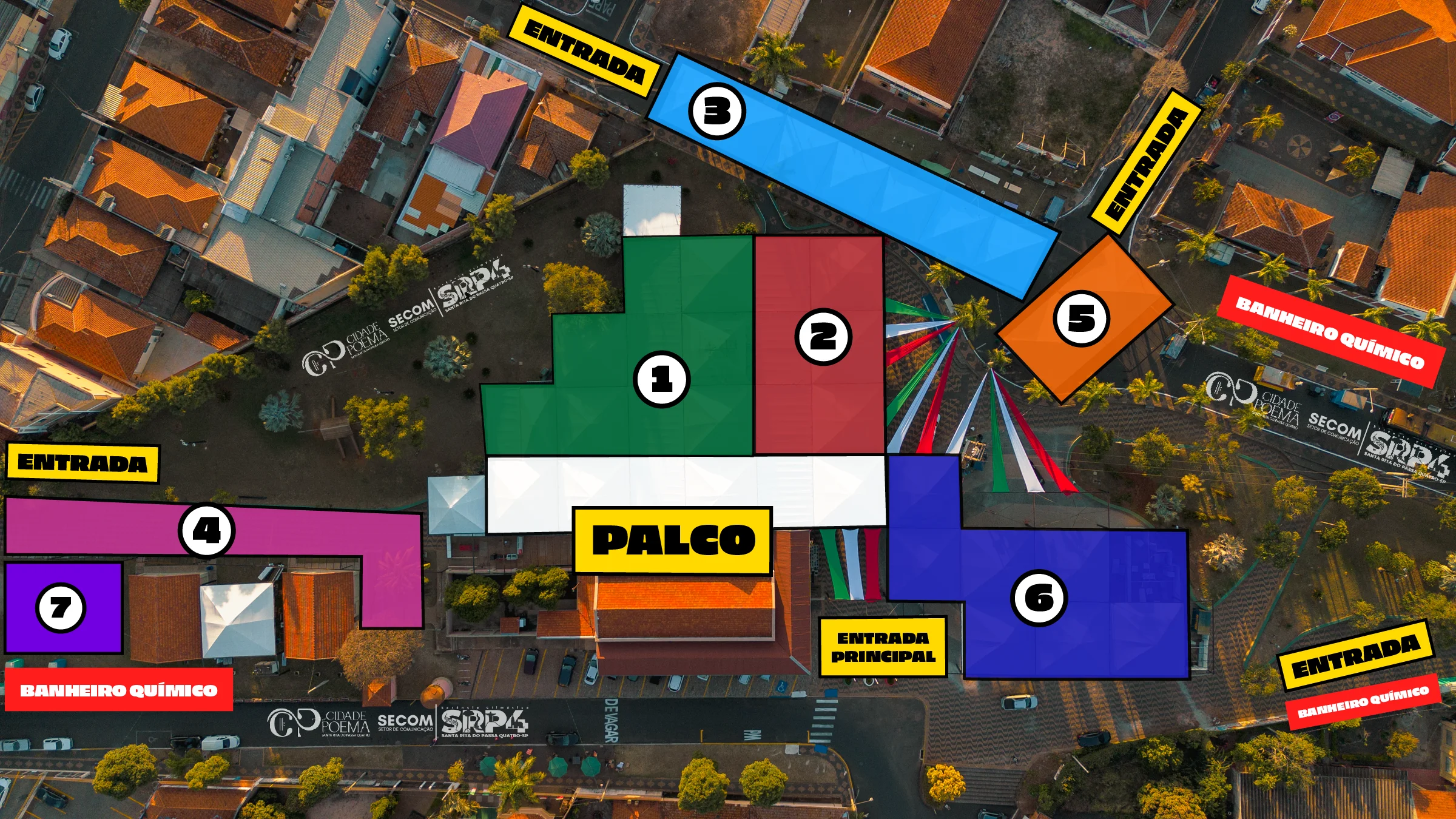 Mapa do 34º Festival de Tradições Italianas com as 7 barracas numeradas, palco, entradas e banheiros